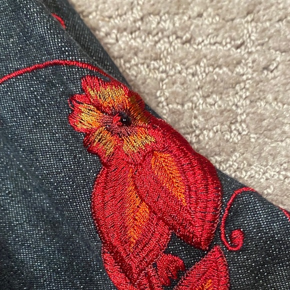 Chico's Size 1 Dark Denim Jacket with Red Embroidery and Embellishments - Picture 13 of 13